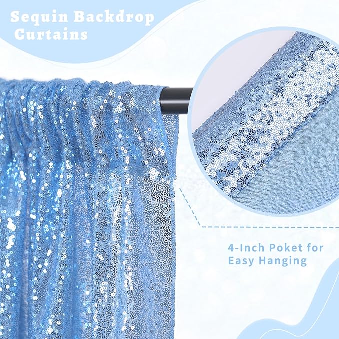 B-COOL Baby Blue Sequin Backdrop Curtains 2 Packs 3.3ftx8ft Baby Shower Sparkle Backdrop Fabric Glitter Background Drapes for Party Ceremony Birthday Decoration