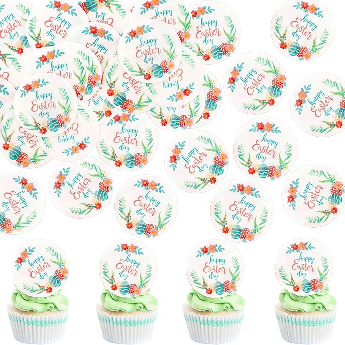 Ercadio 40Pcs Edible Circle Happy Easter Day Cupcake Drink Toppers Round Floral Easter Cupcake Picks for Easter Baby Shower Spring Birthday Party Cake Decorations Supplies