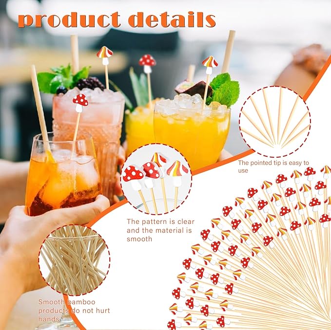 100Pcs Mushroom Cocktail Picks Fairy Enchanted Forest Decorations Toothpicks Fruit Sticks Skewers for Appetizer Charcuterie Food Sandwich, Mushrooms Woodland Birthday Baby Shower Themed Party Supplies