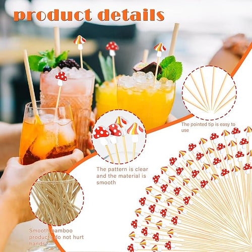 100Pcs Mushroom Cocktail Picks Fairy Enchanted Forest Decorations Toothpicks Fruit Sticks Skewers for Appetizer Charcuterie Food Sandwich, Mushrooms Woodland Birthday Baby Shower Themed Party Supplies