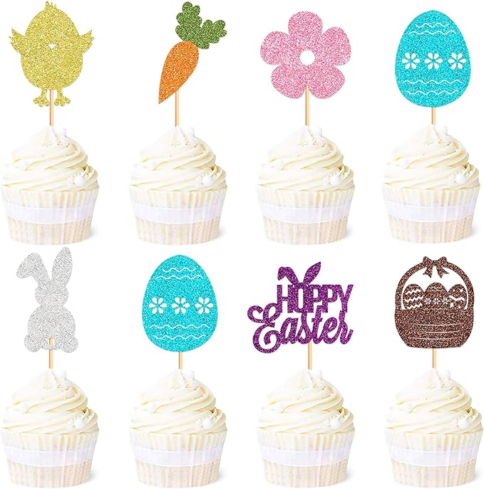 Ercadio 28Pcs Happy Easter Cupcake Toppers Glitter Bunny Easter Eggs Carrot Rabbit Chick Cupcake Picks for Happy Easter Cupcake Decors Easter Baby Shower Birthday Wedding Party Supplies