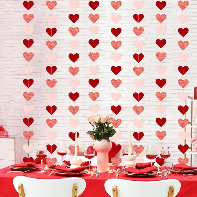 Valentines Day Decorations,Rose Gold Pink and Red Party Decorations Garland - 52Ft -Pack of 4-Heart Paper Streamers Banner for Valentines Mothers Day Bachelorette Bridal Shower Engagement Wedding