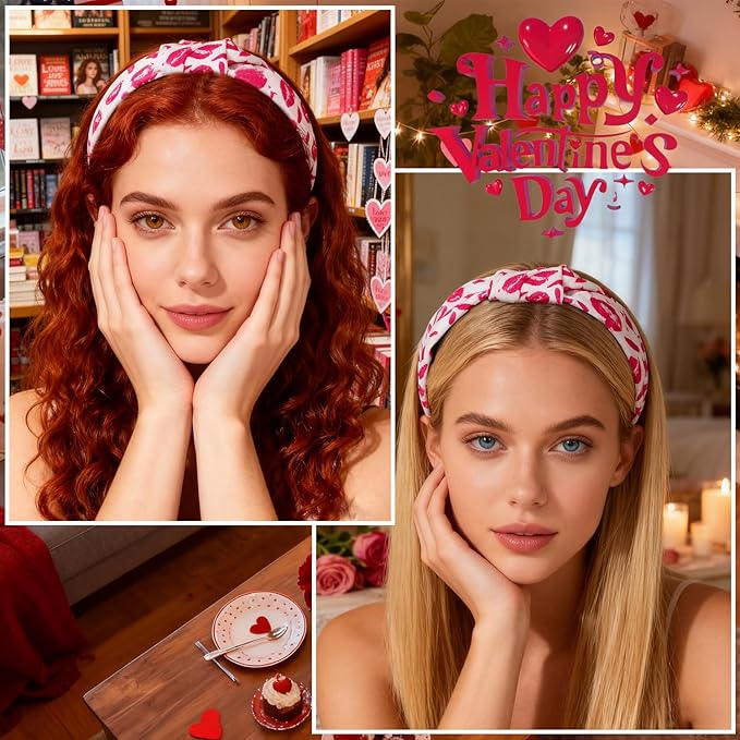 Valentines Headband Non Slip Cute Knotted Headbands Fashion Women Head Band With Pink Lips Designs Romantic Valentines Headbands For Women Holiday Party Head wear Accessories Gift 1pcs