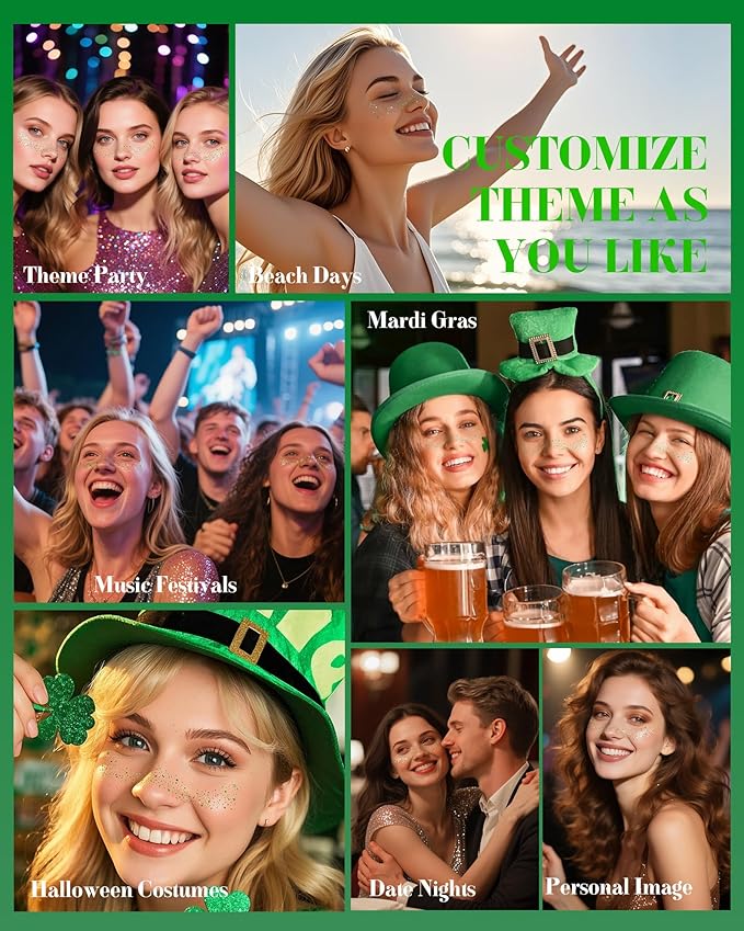 Face Glitter, Green Temporary Face Tattoos Stickers, Body Face Glitter for Women Girls, Green Freckles for St Patrick's Day Country Concerts Singer Festival Rave Accessories (Green - 10 pcs)