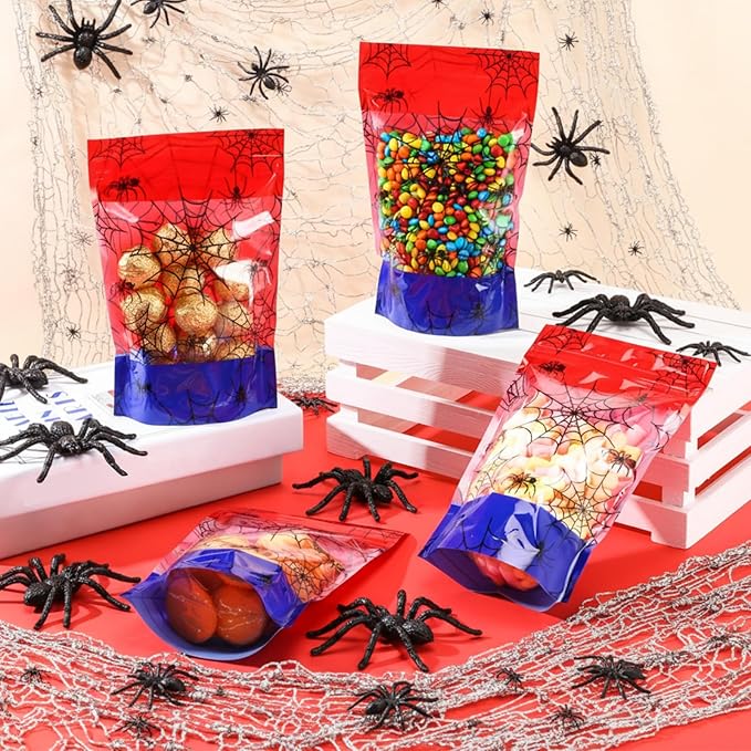Fuutreo 50 Pcs Spider Gift Bags Plastic Cobweb Birthday Sealed Pouches Resealable Red Blue Spider Bags Party Favor Pouches for Home Candy Small Gift Party Wrapping Supplies Decoration