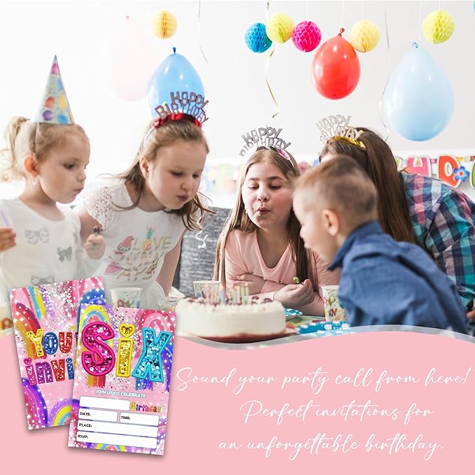 6th Birthday Party Invitations - 20-Pack of 4''x6'' Colorful Invite Cards with Envelopes, Double-Sided Fill In Birthday Celebrate Supplies & Decoration For Boys & Girls Teens - A04