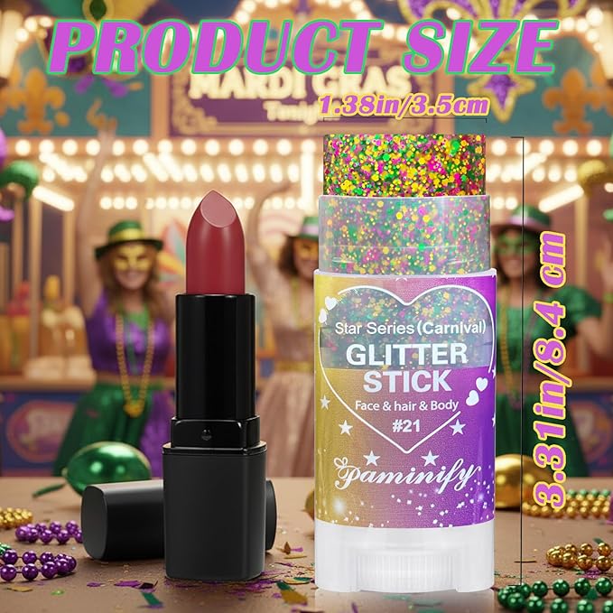 Mardi Gras Hair Face Glitter Stick,Mardi Gras Outfit for Women,Purple Green Gold Body Glitter Makeup,Festival Costume Carnival Accessories Singer Concerts Chunky Glitter Makeup