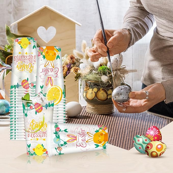 50Pcs Easter Disposable Plastic Cups 16 oz Happy Easter Clear Cups with Cute Bunny Colorful Eggs and Chick Spring Drinking Cups, Party Cups Coffee Hot and Cold Drinks Spring Party Decorations