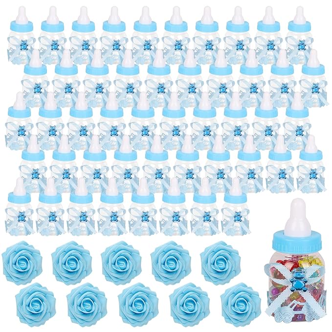 MACTING Baby Bottle for Baby Shower Favors, 4Dozens Mini Candy Bottles with 10pcs Artificical Flowers for Boys Girls Newborn Party Centerpiece Decorations(Blue)