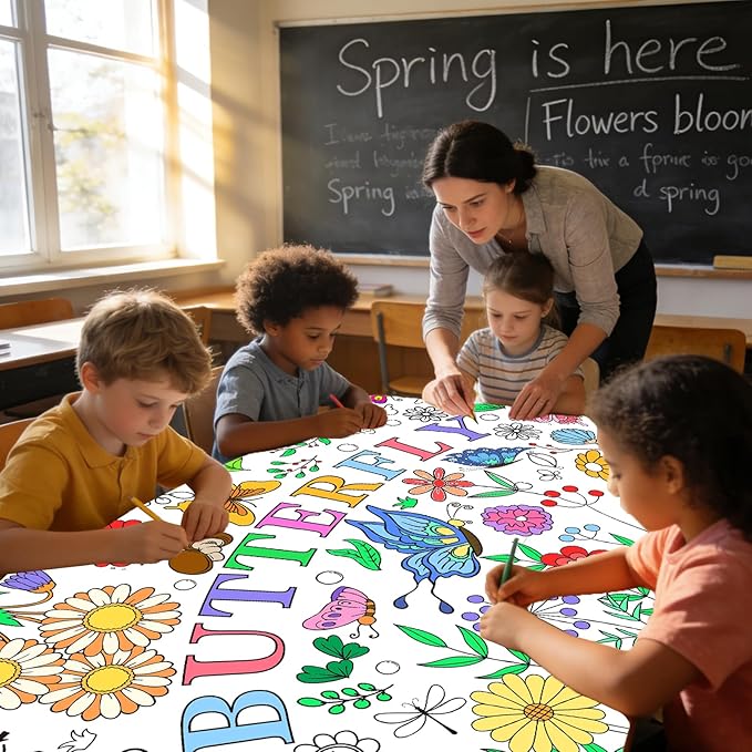 Spring Giant Coloring Poster for Kids 30x72 Inch Large Butterfly Fairy Party Flower Drawing Paper Coloring Tablecloth DIY Art Crafts Mat for Kids Birthday Themed Activity Wall Home Classroom Suppiles