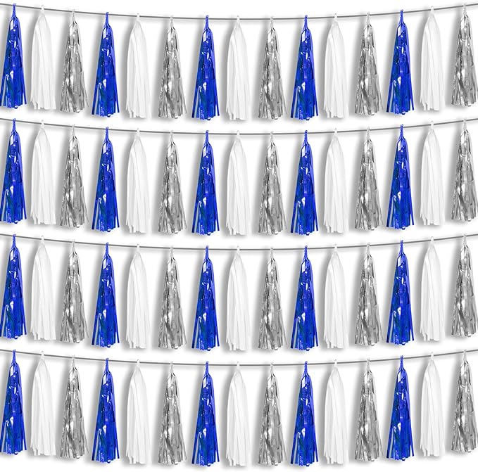4P Navy-Blue White-Silver Foil Fringe Metallic Tassel Garland Banner, Tassels Banner Streamers for Parade Floats, Bachelorette, Wedding, Birthday, Halloween, Bridal/Baby Shower Party Decorations