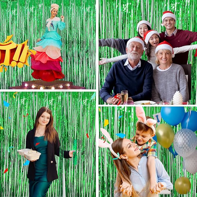 St Patricks Day Decorations Green Tinsel Backdrop 3.3x8.2ft, 2 Pack Foil Fringe Curtain Football Party Door Streamers, Green Fringe Backdrop for Superbowl Easter Christmas Jungle Birthday Irish Decor