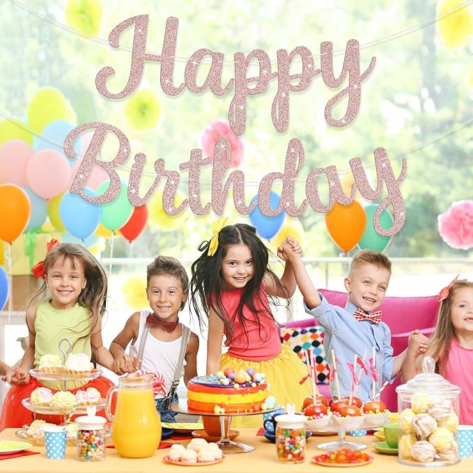 Glitter Happy Birthday Banner Sign Birthday Garland Wall Door Banners Flag for Women Men Boys Girls Party Backdrop Decorations Rose Gold