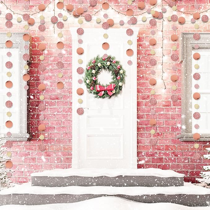 Outus 5 Pieces Rose Gold Round Dots Garland Easter Graduation Party Hanging Decor Each Length 13.1ft Glitter Paper Dot Streamers for Birthday Wedding Classroom (Champagne)