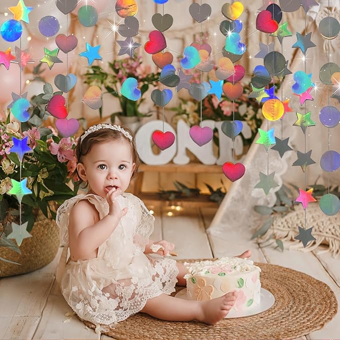 Iridescent Dot Heart Star Streamers 19.8 Feet Paper Garlands Glitter Disco Garland Hanging Banner for Birthday Homecoming Classroom Mothers Day Wedding Engagement Birthday Party Supplies
