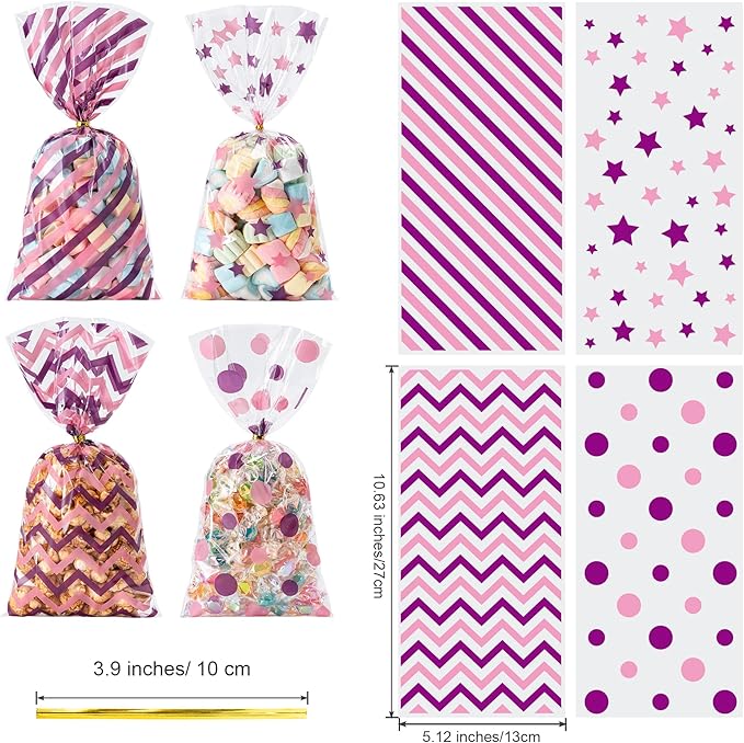 Aegero 120 Pack Purple/Pink (wave dots/ wave stripes /diagonal stripes/Star Printed)Cellophane Treat Bags,10.63 x 5.12 Inch Plastic Candy Goodies Bags with 140 Pcs Twists for Valentine,Birthday,Bakery,Wedding,Gift Cookie Snack Packing,Party Favor Supplies