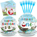 Grencian 96 Pcs Ofishally One Birthday Decorations Gone Fishing 1st Party Plates and Napkins Tableware Set O Fishally One First Birthday Decorations for Boys Little Fisherman 1st Baby Shower Serves 24