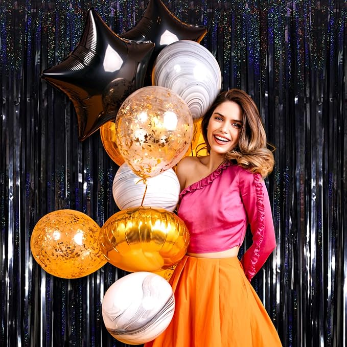 3 Pack Black Foil Fringe Curtain Backdrop, 3.28Ft x 8.2Ft Metallic Tinsel Foil Fringe Streamer Curtains for Photo Booth, Mother's Day, Easter, Birthday, Wedding Party Decorations