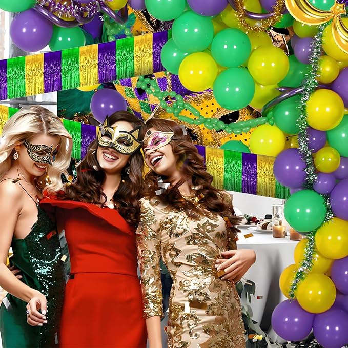 12 Pack 10 Feet Metallic Foil Fringe Garland Tinsel Streamers Banner, Gold Green Purple Wall Hanging Tinsel Fringe Banners for Parade Floats, Wedding, Birthday, Mardi Gras Party Decorations