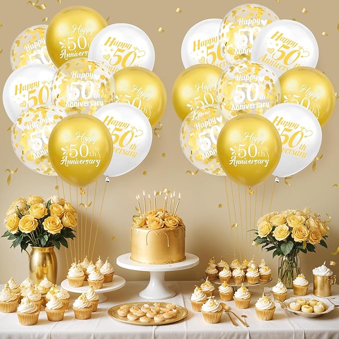 50th Anniversary Balloons 18Pcs White Gold 50th Anniversary Party Decorations for Women Men White Gold 12Inch Happy 50th Anniversary Latex Confetti Balloons for Indoor Outdoor Party Supplies