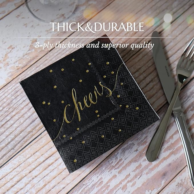 Black and Gold Cocktail Napkins - Pack of 50 Disposable Bar Napkins - Wedding Baby Shower Birthday Graduation Dessert - 3 Ply - By Simple-Glee