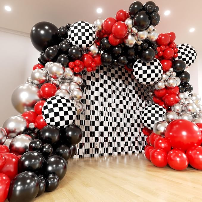 Race Car Balloon Arch Kit -Race Car Birthday Party Streamers Backdrops Decorations, Balloons and Black White Checkered Foil Fringe Curtains Backdrop for Racing Car Two Fast 2nd Theme Party Decorations