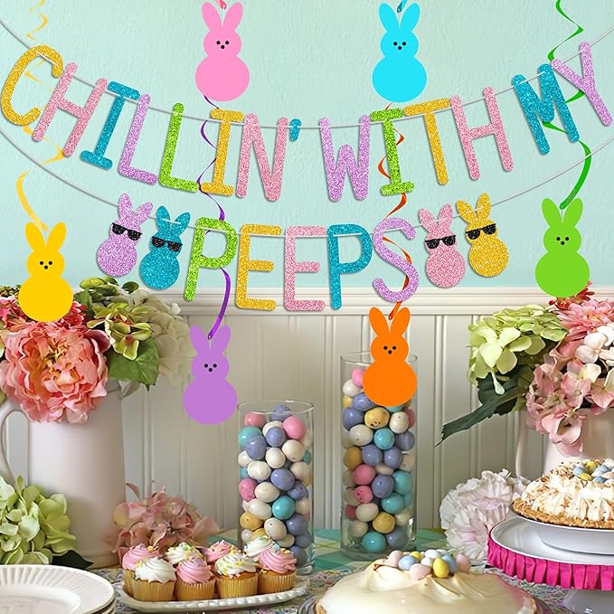 Glitter Chillin with My Peeps Banner with Bunny Hanging Swirls - NO DIY - Easter Party Decorations, Happy Easter Banner for Spring Easter Bunny Party Supplies Easter Peeps Decorations