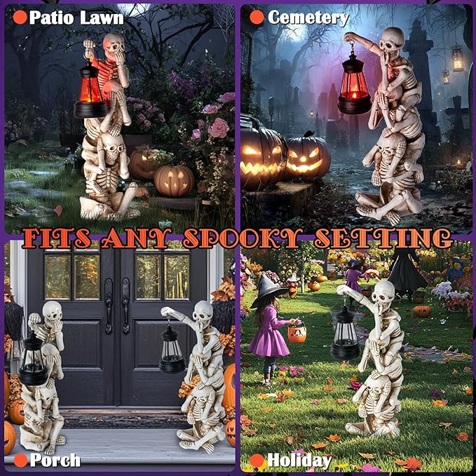 Halloween Skeleton Decor Triple Skeleton Halloween Decorations with Solar Red LED Lantern Outdoor Skeletons Figure for Yard Patio Lawn Garden