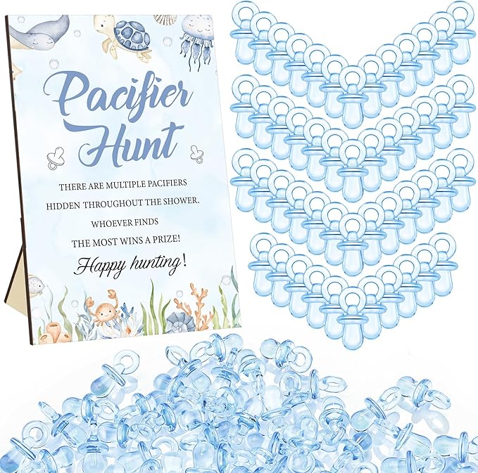 Thyle 51 Pcs Under The Sea Pacifier Hunt Baby Shower Games Include Hunt Sign and 50 Acrylic Pacifiers for Ocean Animal Baby Shower Game Decoration Sets Gender Reveal Newborn Announcement Party Decor