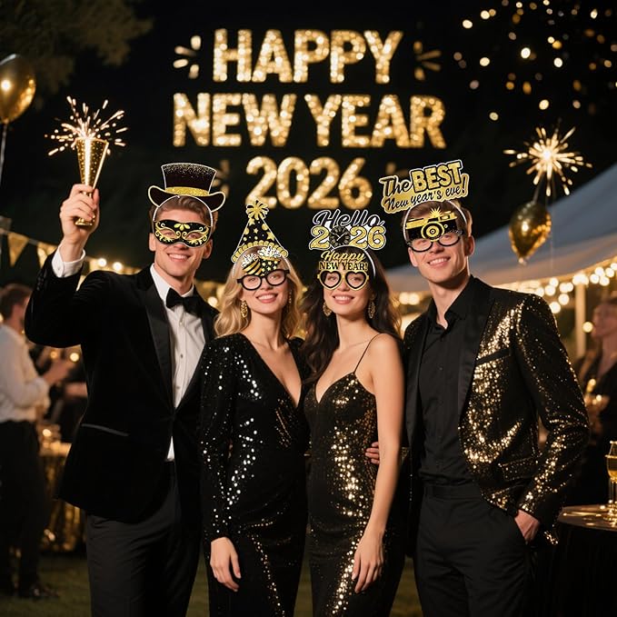 Pajean 32 Pcs New Year Eve Party Supplies 2026 Include 16 Paper Eyeglasses and 16 Paper Headbands Happy New Year Photo Booth Props for Black Gold 2026 Eve Party Decoration Favors Accessories