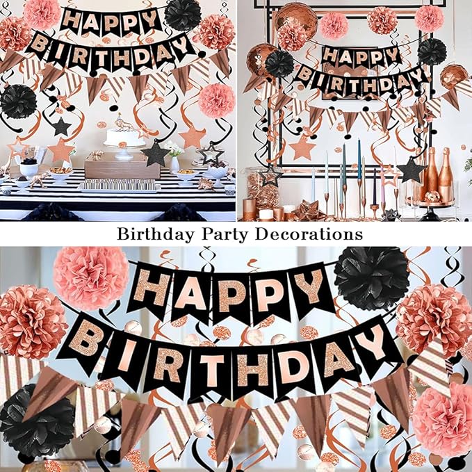 Birthday Decorations, Happy Birthday Banner with Honeycomb Balls, Stars Hanging Swirl Streamers, Buntings Circle Dots Garland, Party Decorations for Women Men Boys Girls (Rose Gold & Black)