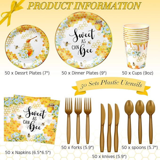 350 Pcs Baby Shower Party Supplies Sweet as Can Bee Paper Plates Napkins Cups and Plastic Cutlery Party Tableware Set for Honey Baby Shower Birthday Decorations, Serves 50