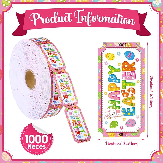 Cholemy 1000 Pcs Easter Tickets Roll Numbered Multicolor Egg Bunny Door Drinks Game Raffle Tickets for Happy Easter Carnival Party Favors Decorations Supplies(Happy Easter)