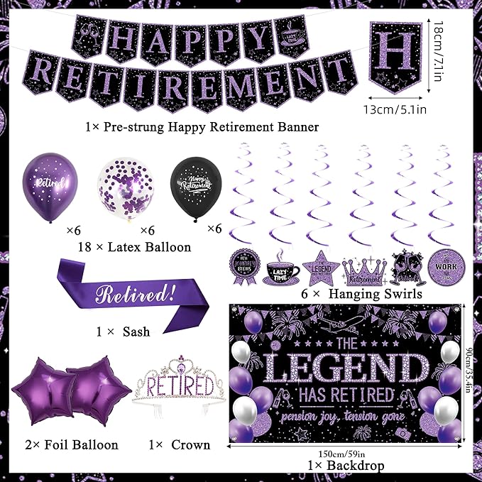 Roetyce Retirement Party Decorations Women, Black and Purple Happy Retirement Banner Backdrop Balloons Hanging Swirls for Coworker, Lengend Has Retired Sash & Crown, Office Retired Background