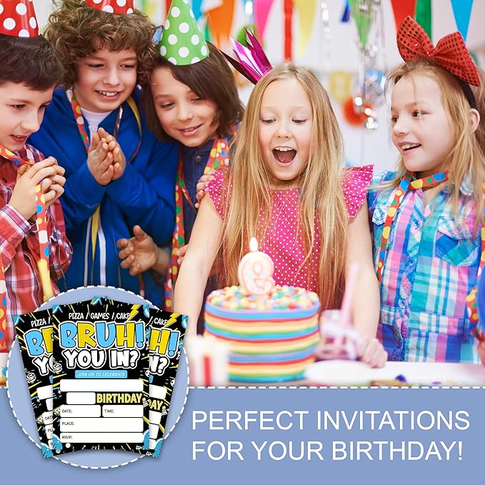 Bruh You In Birthday Invitation, You're Invited Party Invitation Cards for Teen Boys, 4 x 6 Double Sided 20 Count with Envelopes Party Supplies, Fill in Blank
