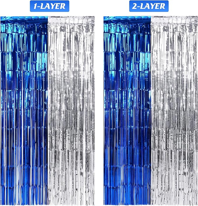 6Pack 3.3Ft x 6.6Ft Graduation Foil Fringe Curtain Backdrop Decorations, Blue Silver Metallic Tinsel Foil Streamers Curtain Photo Booth Background for Graduation Prom Wedding Birthday Party Decoration