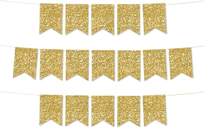 Andaz Press Hanging Pennant Banner with String, Faux Gold Glitter, 1-Set, 24 Pennants, Approx. 12-Feet Long