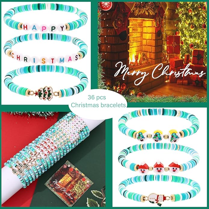 Cooluckday 36 Pcs Holiday Heishi Surfer Bracelets for Women Bulk Easter Mother's Day Christmas St. Patrick's Day Mardi Gras Bracelet Stackable Stretch Friendship Bracelets Set