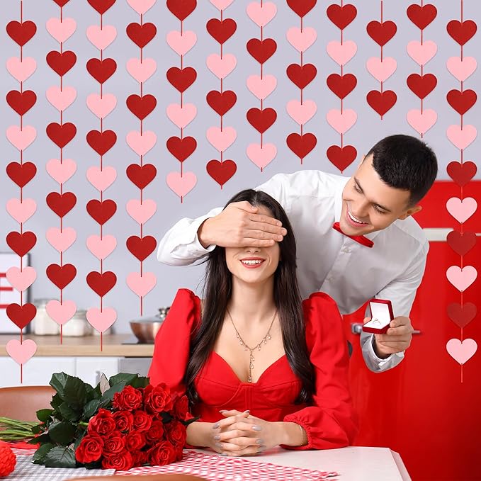 12 PCS Hanging Valentines Decor, Pre-Assemble Valentines Garland, Red Pink Galentines Decorations Heart Banner for Holiday Anniversary Wedding Birthday Party Backdrop Decor