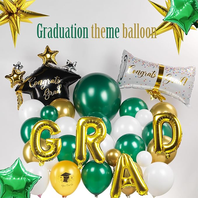 Green Graduation Balloon Garland Arch Kit 115PCS with Graduation Star print Certificate Letter Mylar Foil Balloons for Graduate Class of 2026 Grad Prom party Decorations Supplies (Green Gold White)