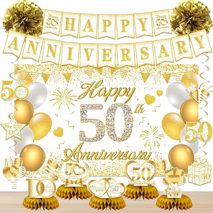50th Anniversary Decorations, 50th Wedding Anniversary Party Supplies – White Gold Backdrop, Banner, Centerpieces, Hanging Swirls, Pom Poms for 50 Year Celebration (White Gold)