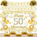 50th Anniversary Decorations, 50th Wedding Anniversary Party Supplies – White Gold Backdrop, Banner, Centerpieces, Hanging Swirls, Pom Poms for 50 Year Celebration (White Gold)
