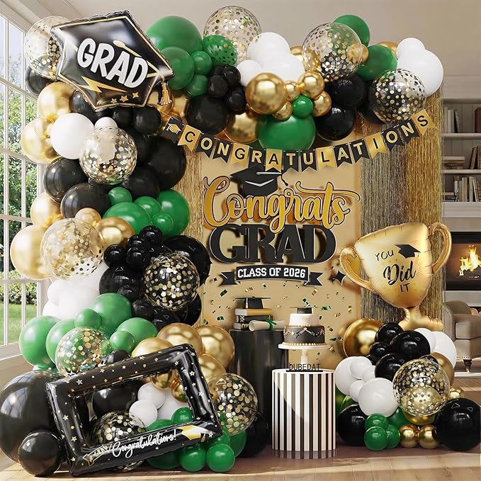 Green Black White Balloon Arch Kit 154Pcs with Gold Confetti Balloon for Orange and Black Birthday Party Decorations Graduation Party Birthday Party