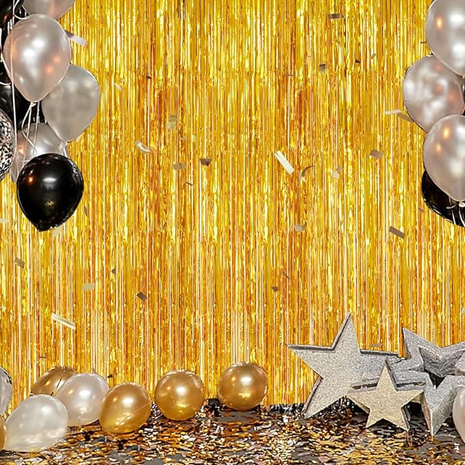 2 Pack Foil Fringe Backdrop - Gold Shiny Tinsel Curtains for Party Decoration/Photo Booth Props - 3.3x6.6 FT Metallic Foil Backdrop for Birthday, Wedding, Graduation, Christmas.