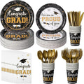 Graduation Party Supplies Congrats Grad Plates and Napkins Set Serve 50, Disposable Tableware Paper Plates Napkins Cup Knive Spoon Fork Straw for Class of 2026 Graduation Party Decorations Black Gold