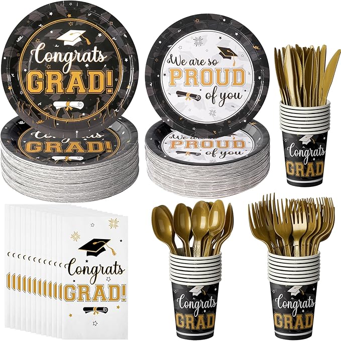 Graduation Party Supplies Congrats Grad Plates and Napkins Set Serve 50, Disposable Tableware Paper Plates Napkins Cup Knive Spoon Fork Straw for Class of 2026 Graduation Party Decorations Black Gold