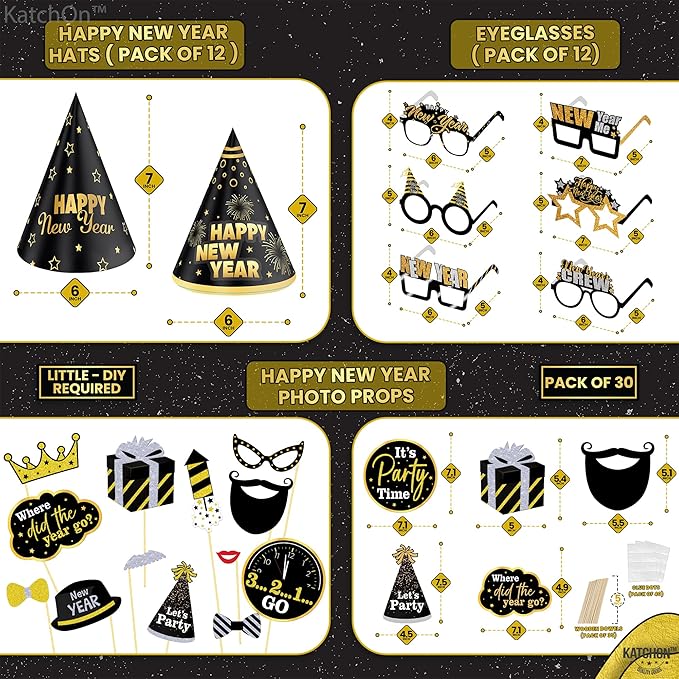 KatchOn, New Years Eve Party Supplies 2026 - Huge, Set of 110 | Black Happy New Year Balloon Banner | New Years Photo Booth Props, Gold Fringe Curtain Backdrop | NYE Decorations 2026