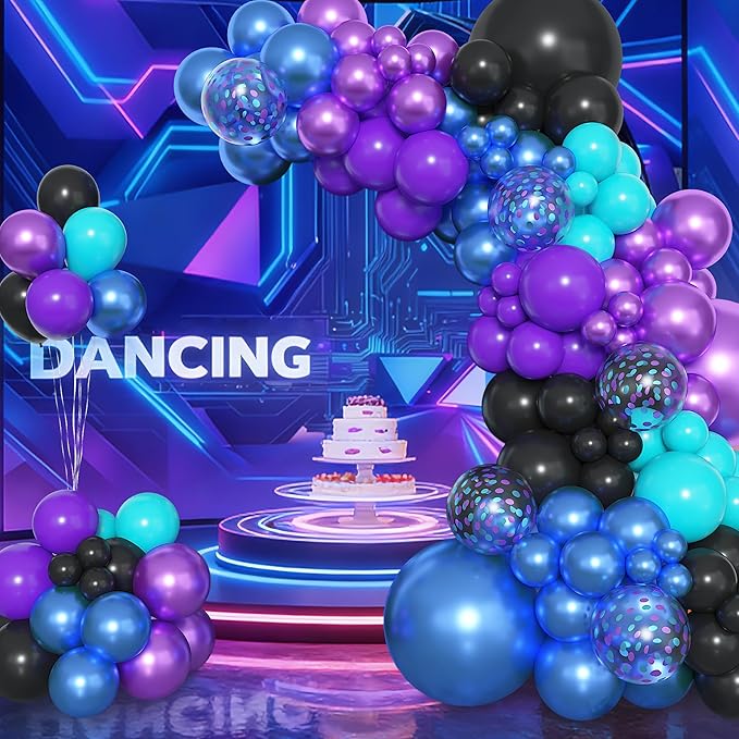 Amandir 153pcs Black Purple Blue Balloon Arch Garland Kit, Different Sizes 18 12 10 5 inch Confetti Teal Metallic Blue Purple Balloons for Video Outer Space Themed Shower Birthday Party Decorations