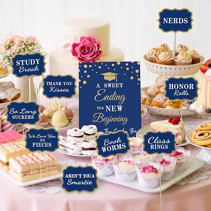 Graduation Candy Buffet Labels for Grad Party Decorations, Graduation Candy Bar Dessert Food Label Signs Set, Class of 2026 Grad Parties Table Decor Supplies (Blue and Gold)
