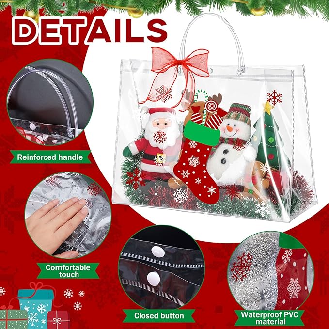 Henoyso 8 Pcs Christmas Clear Gift Bags Plastic Candy Treat Goodie Bags Red Foil Santa PVC Wrap Totes with Handles and Ribbon Xmas Party Favors (Christmas Tree,Socks,16x 6x 12 Inch)
